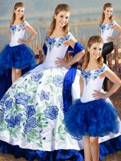 Modern Floor Length Blue And White Quinceanera Gown Satin Sleeveless Embroidery