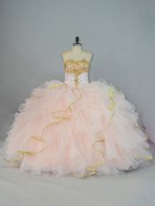 Glittering Peach Ball Gowns Beading and Ruffles Sweet 16 Dress Lace Up Organza Sleeveless Floor Length