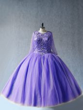 Lavender Ball Gowns Beading Quinceanera Dresses Lace Up Tulle Long Sleeves Floor Length