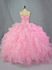 Fantastic Sleeveless Organza Floor Length Lace Up 15th Birthday Dress in Pink with Beading and Ruffles