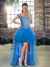 Blue A-line Beading and Ruffles Party Dress for Toddlers Lace Up Tulle Sleeveless High Low