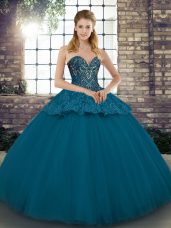 Traditional Blue Tulle Lace Up Sweetheart Sleeveless Floor Length Quinceanera Gowns Beading and Appliques