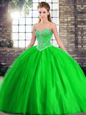 Dazzling Green Ball Gowns Sweetheart Sleeveless Tulle Brush Train Lace Up Beading Quince Ball Gowns