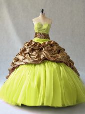 Most Popular V-neck Sleeveless Quinceanera Gown Brush Train Beading Yellow Green Organza and Printed