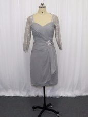 Stunning Grey Half Sleeves Chiffon Zipper Prom Gown for Prom and Party