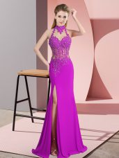 Fuchsia Chiffon Backless Prom Dresses Sleeveless Floor Length Lace and Appliques