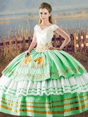 Suitable Sleeveless Floor Length Embroidery and Ruffled Layers Lace Up Quinceanera Gowns with Apple Green