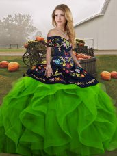Exceptional Tulle Off The Shoulder Sleeveless Lace Up Embroidery and Ruffles Quinceanera Gowns in Green