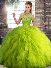 Beauteous Halter Top Sleeveless Tulle Quinceanera Dresses Beading and Ruffles Lace Up