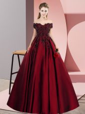 Glittering Wine Red Zipper Off The Shoulder Lace Sweet 16 Quinceanera Dress Satin Sleeveless