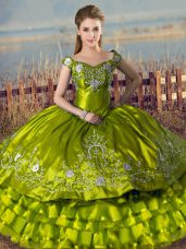 Cute Embroidery and Ruffled Layers Sweet 16 Quinceanera Dress Olive Green Lace Up Sleeveless Floor Length