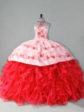 Fantastic Sleeveless Embroidery and Ruffles Lace Up 15th Birthday Dress with Red Court Train