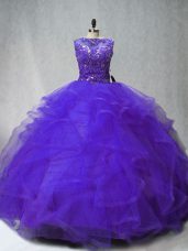 Great Purple Ball Gowns Scoop Sleeveless Tulle Brush Train Lace Up Beading and Ruffles 15 Quinceanera Dress