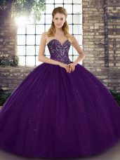 High Quality Floor Length Lace Up Quince Ball Gowns Purple for Military Ball and Sweet 16 and Quinceanera with Beading