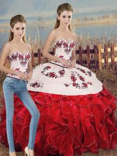 Organza Sweetheart Sleeveless Lace Up Embroidery and Ruffles and Bowknot Quinceanera Dress in White And Red