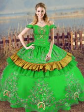 Smart Green Off The Shoulder Neckline Embroidery Quinceanera Dresses Sleeveless Lace Up