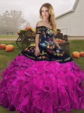 New Arrival Fuchsia Ball Gowns Organza Off The Shoulder Sleeveless Embroidery and Ruffles Floor Length Lace Up Sweet 16 Dresses