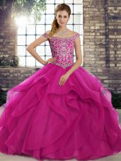 Perfect Fuchsia Off The Shoulder Neckline Beading and Ruffles 15 Quinceanera Dress Sleeveless Lace Up