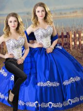 Satin and Organza Sweetheart Sleeveless Lace Up Beading and Embroidery Sweet 16 Quinceanera Dress in Royal Blue