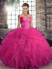 Best Floor Length Lace Up Quinceanera Dresses Hot Pink for Military Ball and Sweet 16 and Quinceanera with Beading and Ruffles