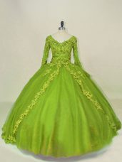 Ball Gowns Quince Ball Gowns Olive Green V-neck Tulle Long Sleeves Side Zipper