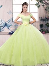 Yellow Green Lace Up 15 Quinceanera Dress Lace and Hand Made Flower Short Sleeves Floor Length