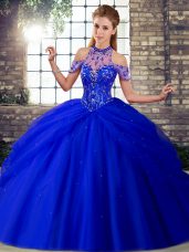 Dazzling Royal Blue Tulle Lace Up Halter Top Sleeveless Quince Ball Gowns Brush Train Beading and Pick Ups
