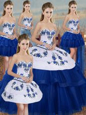 Elegant Royal Blue Ball Gowns Tulle Sweetheart Sleeveless Embroidery and Bowknot Floor Length Lace Up Vestidos de Quinceanera