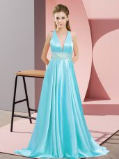 Charming V-neck Sleeveless Elastic Woven Satin Prom Gown Beading Brush Train Backless