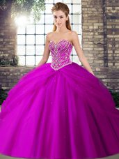 Great Lace Up Sweet 16 Dresses Fuchsia for Military Ball and Sweet 16 and Quinceanera with Beading and Pick Ups Brush Train