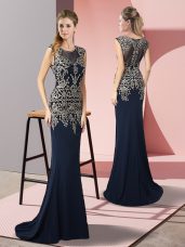 Navy Blue Column/Sheath Appliques Prom Gown Zipper Satin Sleeveless