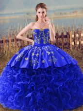 Organza Sweetheart Sleeveless Brush Train Lace Up Embroidery and Ruffles 15th Birthday Dress in Royal Blue