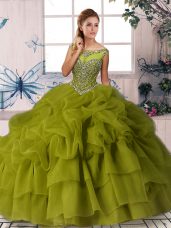 Olive Green Quince Ball Gowns Organza Brush Train Sleeveless Beading and Pick Ups