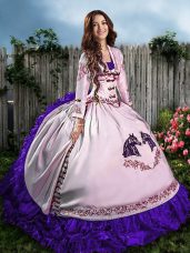 Beautiful Sleeveless Satin Floor Length Lace Up 15 Quinceanera Dress in White And Purple with Embroidery and Ruffles