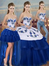 Floor Length Royal Blue Quinceanera Gowns Tulle Sleeveless Embroidery and Bowknot