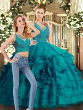 Teal Organza Backless V-neck Sleeveless Quinceanera Dresses Sweep Train Ruffled Layers