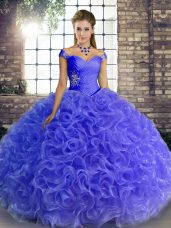 Customized Blue Sleeveless Fabric With Rolling Flowers Lace Up 15th Birthday Dress for Military Ball and Sweet 16 and Quinceanera