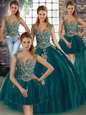 Dazzling Peacock Green Ball Gowns Beading and Appliques Vestidos de Quinceanera Lace Up Tulle Sleeveless Floor Length