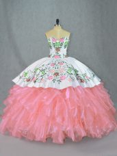 Dramatic Sleeveless Organza Floor Length Lace Up Sweet 16 Dresses in Pink with Embroidery and Ruffles