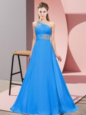 Graceful Sleeveless Chiffon Floor Length Lace Up Celebrity Style Dress in Blue with Beading