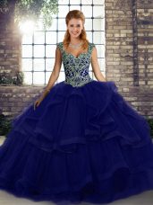 Stunning Purple Lace Up Vestidos de Quinceanera Beading and Ruffles Sleeveless Floor Length