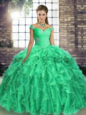 Spectacular Turquoise Sweet 16 Dresses Organza Brush Train Sleeveless Beading and Ruffles