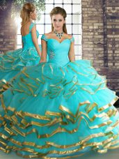 Sleeveless Floor Length Beading and Ruffled Layers Lace Up 15th Birthday Dress with Aqua Blue
