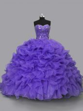 Purple Ball Gowns Beading and Ruffles Vestidos de Quinceanera Lace Up Organza Sleeveless Floor Length