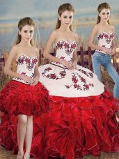 White And Red Sleeveless Embroidery and Ruffles and Bowknot Floor Length Vestidos de Quinceanera