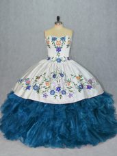 Deluxe Organza Sweetheart Sleeveless Lace Up Embroidery and Ruffles Quinceanera Dress in Blue