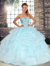 Sleeveless Floor Length Beading and Ruffles Lace Up 15th Birthday Dress with Light Blue