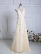 Champagne Column/Sheath Tulle V-neck Sleeveless Lace and Appliques Zipper Homecoming Dress Brush Train