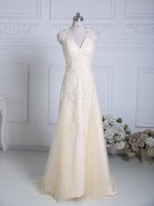 Champagne Column/Sheath Tulle V-neck Sleeveless Lace and Appliques Zipper Homecoming Dress Brush Train