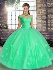 Turquoise and Apple Green Off The Shoulder Neckline Beading and Appliques Ball Gown Prom Dress Sleeveless Lace Up